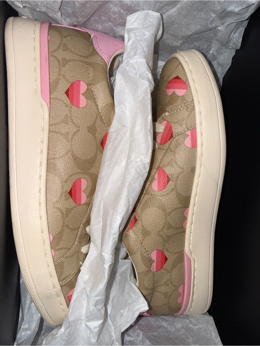 Coach Khaki Signature Slip-On Sneakers with Pink Heart Accents